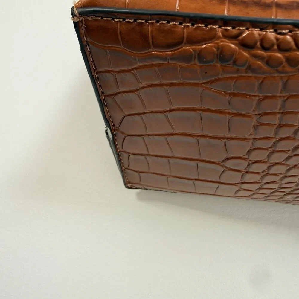 Croc Embossed Brown Faux Leather Clutch Purse Cutout Handle Shoulder Bag - Picture 8 of 16